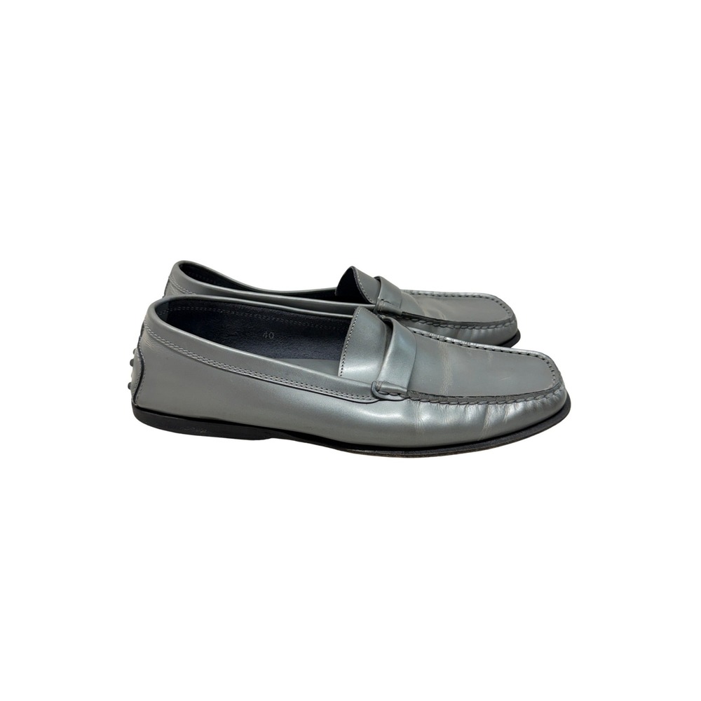 Tods Metallic Silver Leather Penny Loafer Gommino Driving Shoes Italy Size 40